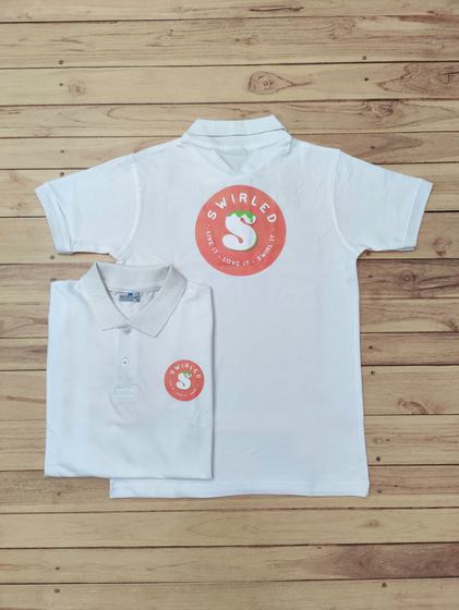 White polo t-shirts with large coral round printed logo on the back and small chest logo, custom made by RestroCart, New Delhi
