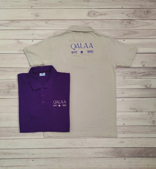 Beige polo t-shirt with purple printed text logo on back and folded purple polo with chest logo, custom made by RestroCart, New Delhi