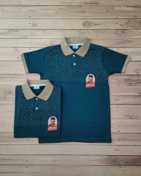 Teal geometric print polo t-shirts with beige collar and printed portrait badge on the chest, custom made by RestroCart, New Delhi
