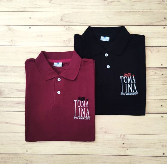 Maroon and black polo t-shirts with white embroidered stacked text logo on the chest, custom made by RestroCart, New Delhi