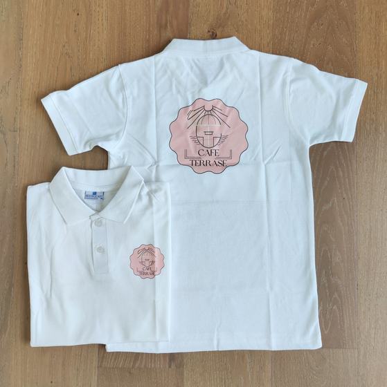 White polo t-shirts with pink printed round cafe logo on back and chest, front and back view, custom made by RestroCart, New Delhi