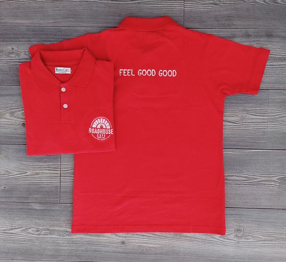 Red polo t-shirts with white printed slogan on back and round chest logo, front and back view, custom made by RestroCart, New Delhi