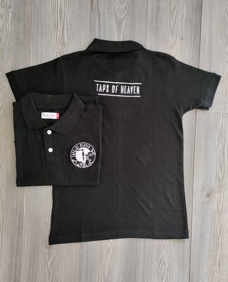 Black polo t-shirts with white printed round chest logo and name across back, front and back view, custom made by RestroCart, New Delhi