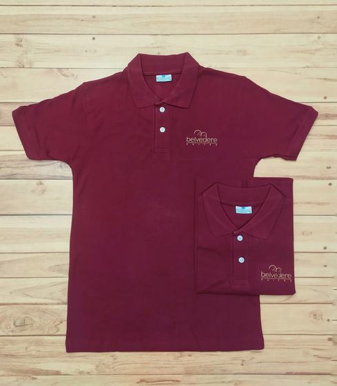 Maroon polo t-shirts with white buttons and small embroidered chest logo, folded pair, custom made by RestroCart, New Delhi