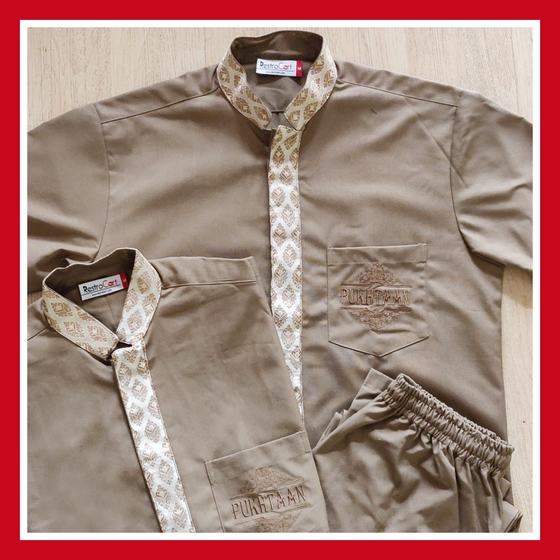 Brown tunics with ornate cream brocade collar and placket, tonal embroidered logo, with trousers, custom made for Pukhtaan by RestroCart, New Delhi