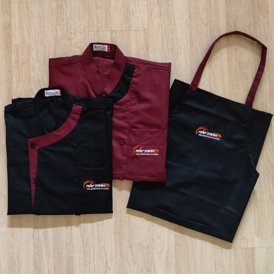 Maroon and black chef coats with contrast crossover panel and black bib apron with logo, custom made for Raftaar Lounge by RestroCart, New Delhi