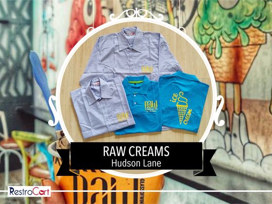 Lilac collared shirts with gold logo and turquoise polo t-shirts with ice cream print, custom made for Raw Cream by RestroCart, New Delhi