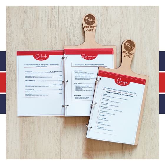 Printed menu sheets ring bound to wooden paddle boards with engraved logo on handle, set of three, custom made for Red Hot by RestroCart, New Delhi