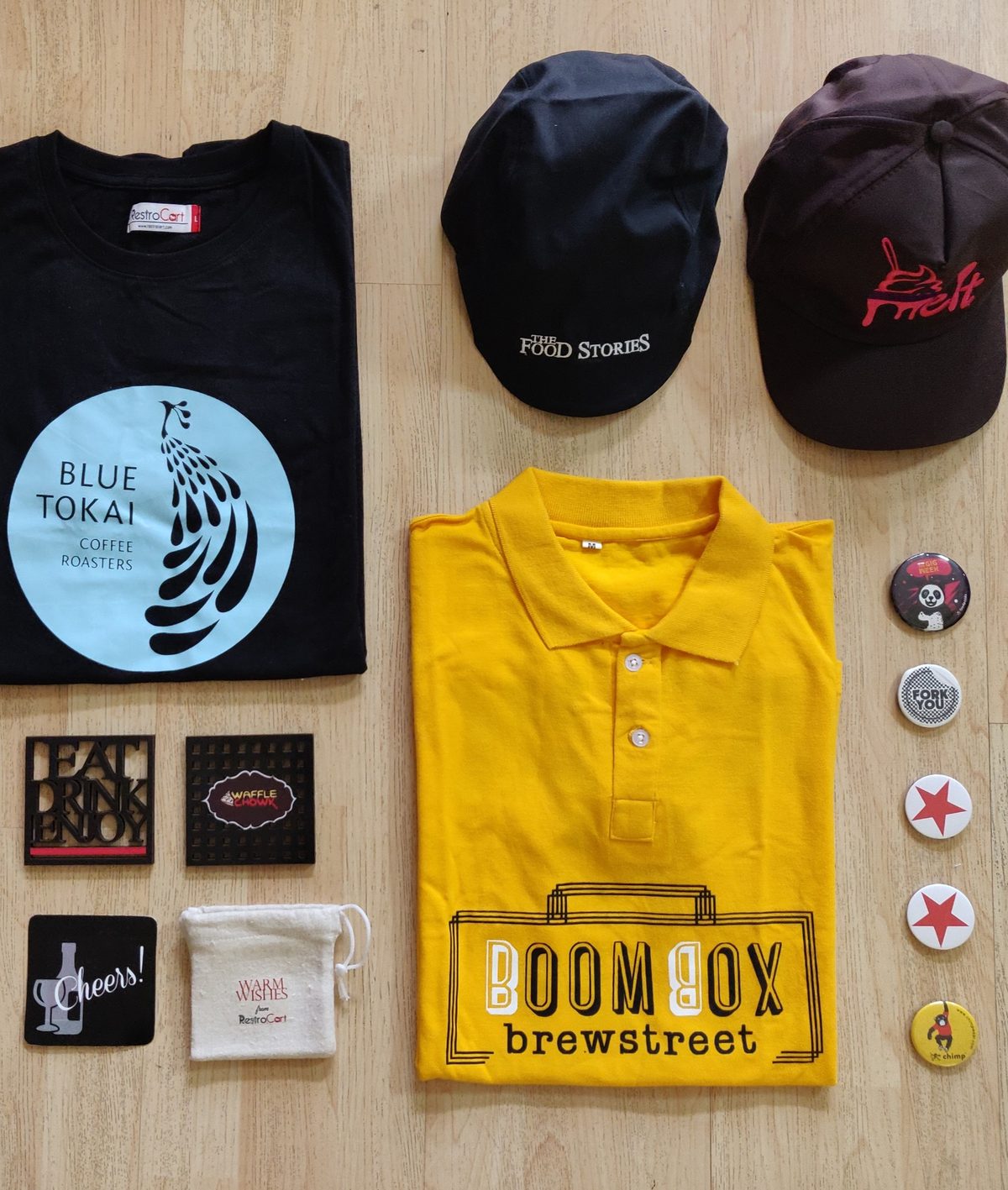 Merch tees, caps and badges for Boombox Brewstreet