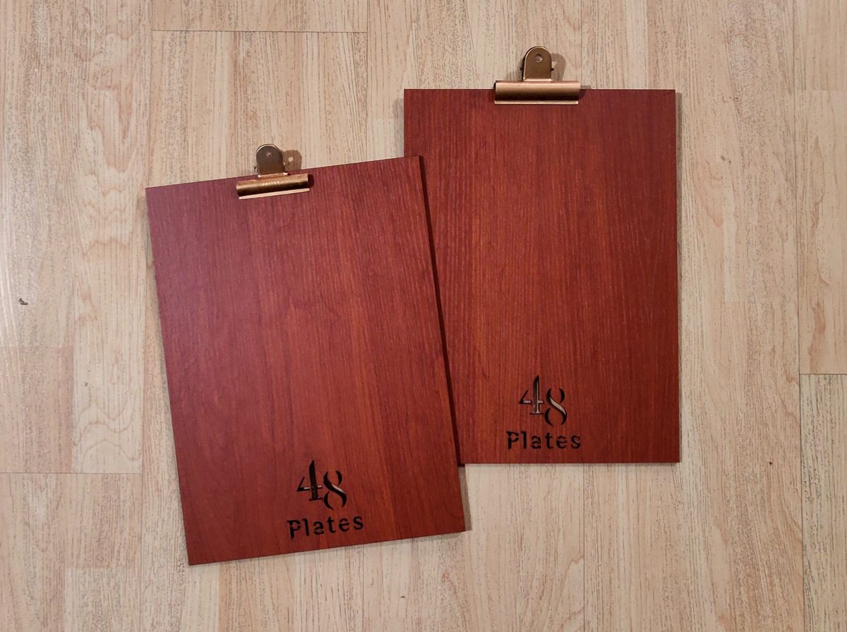 Rosewood menu clipboards for 48 Plates