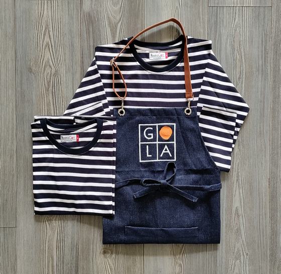 Navy and white striped round-neck t-shirts with denim bib apron with leatherette strap and logo, custom made by RestroCart, New Delhi