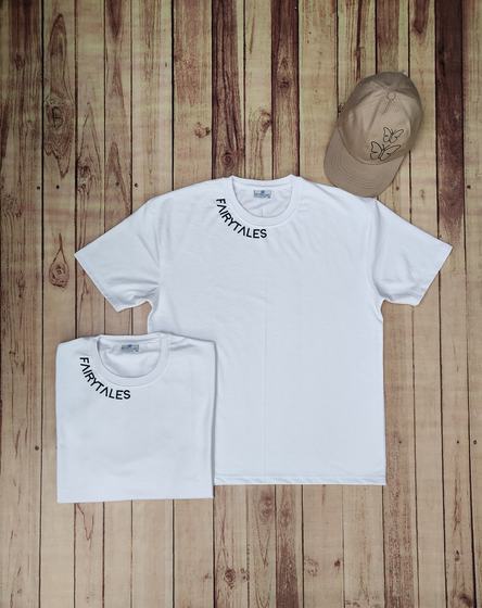 White round-neck t-shirts with black collar text print and beige cap with embroidered logo, custom made by RestroCart, New Delhi