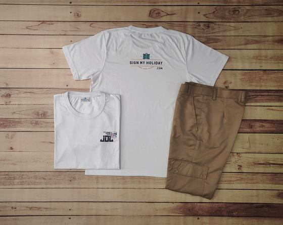 White round neck t-shirts with printed chest logos and khaki cargo trousers, laid flat, custom made by RestroCart, New Delhi