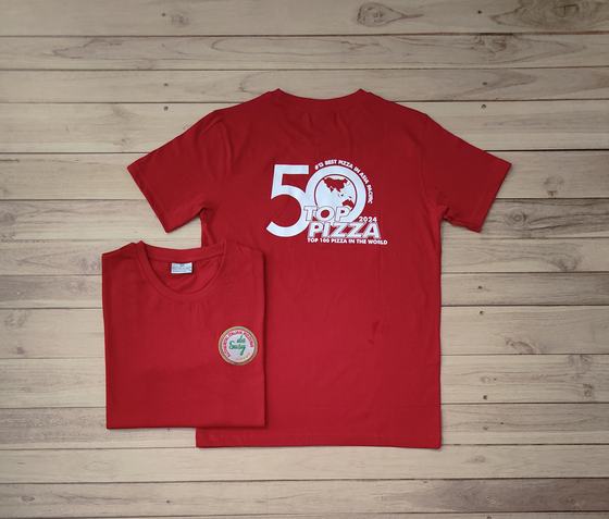 Red round neck t-shirts with large white printed anniversary graphic on the back and chest logo, custom made by RestroCart, New Delhi