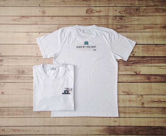 White round neck t-shirts with navy printed wordmark on the back and small chest logo, two views, custom made by RestroCart, New Delhi