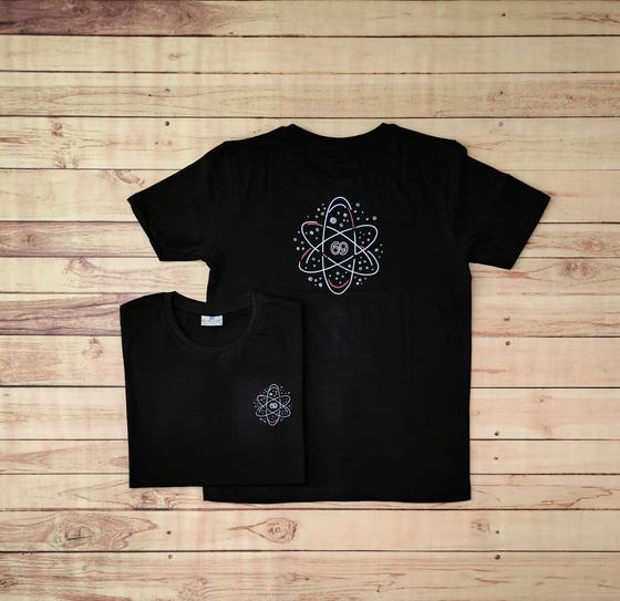 Black round neck t-shirts with multicolour printed atom emblem, large on the front and small on pocket, custom made by RestroCart, New Delhi