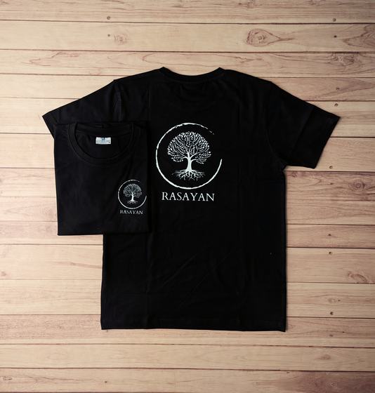 Black round neck t-shirts with white printed tree logo in a circle on the back and small chest logo, custom made by RestroCart, New Delhi