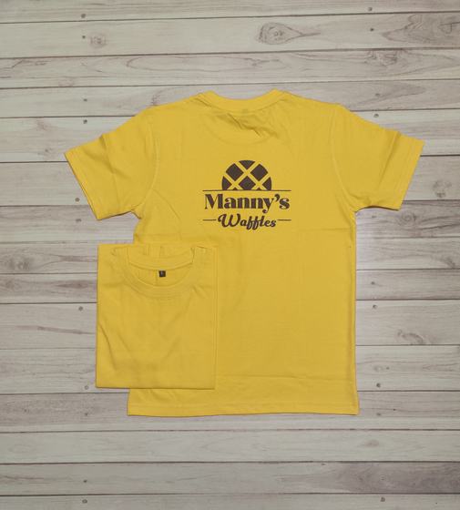 Mustard yellow round-neck t-shirts with large brown printed logo on the back, one folded, custom made by RestroCart, New Delhi