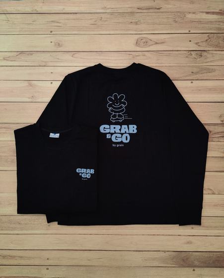 Black long-sleeve t-shirts with light blue printed cartoon mascot and logo on back and chest, custom made by RestroCart, New Delhi