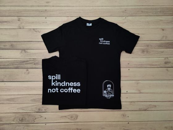 Black round-neck t-shirts with white printed slogan and small logo, one folded, custom made by RestroCart, New Delhi