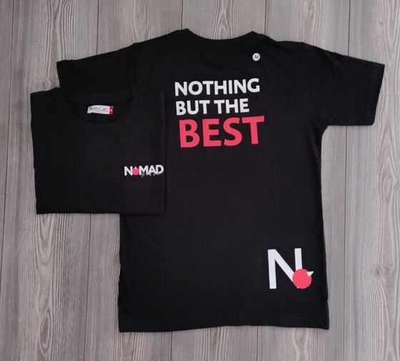 Black round neck t-shirts with bold white and red slogan print and chest logo, front and back view, custom made by RestroCart, New Delhi