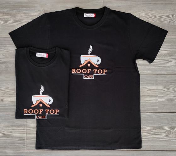 Black round neck t-shirts with orange and white printed coffee cup house logo, two sizes, custom made by RestroCart, New Delhi