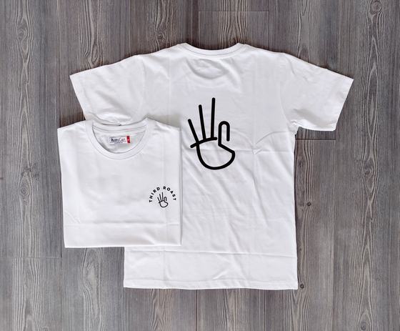 White round neck t-shirts with black printed hand sign graphic on back and small chest logo, custom made by RestroCart, New Delhi