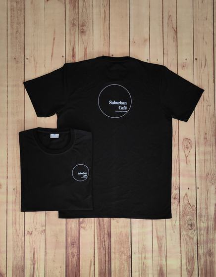 Black round-neck t-shirts with white printed circle logo, large on the back and small on the chest, custom made by RestroCart, New Delhi