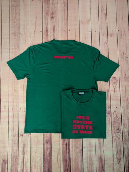 Bottle green round-neck t-shirts with red printed matcha slogan and red chest logo, custom made by RestroCart, New Delhi