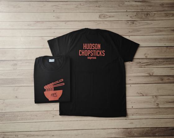 Black round neck t-shirts with red printed wordmark on the back and noodle bowl logo on the front, custom made by RestroCart, New Delhi