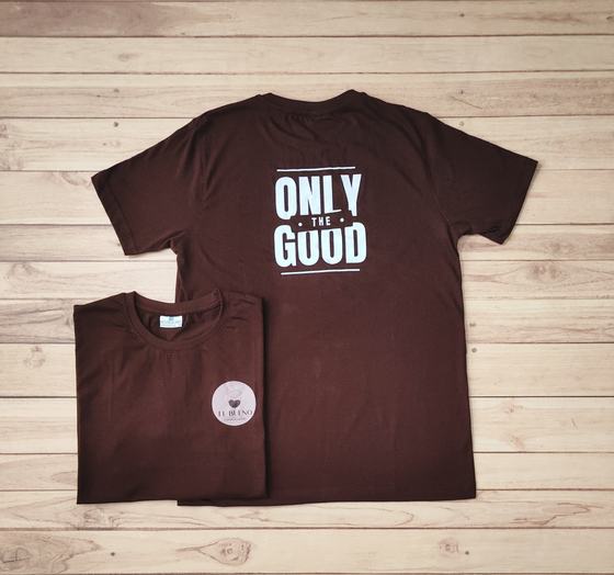 Brown round neck t-shirts with bold white printed slogan on the back and round chest logo, two views, custom made by RestroCart, New Delhi