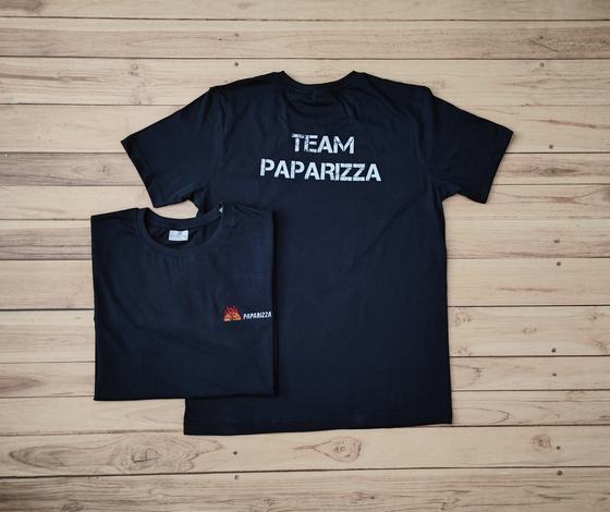 Navy round neck t-shirts with white printed team slogan on the back and small red chest logo, custom made by RestroCart, New Delhi