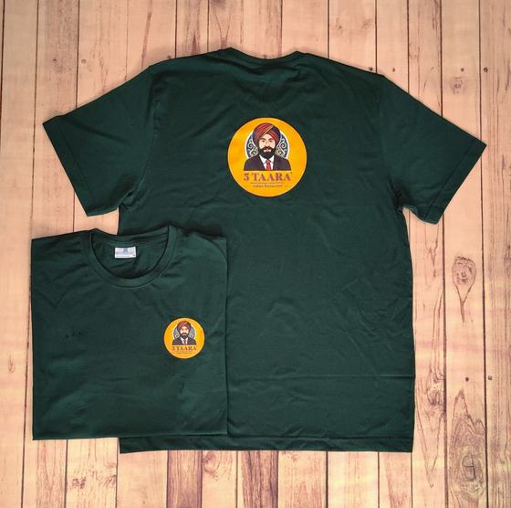 Bottle green round-neck t-shirts with round printed chef portrait logo on the back and chest, custom made by RestroCart, New Delhi