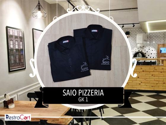 Two black long-sleeve manager shirts with small white embroidered logo, folded, custom made for Saio Pizzeria by RestroCart, New Delhi