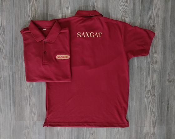 Maroon polo t-shirts with gold printed name on back and small chest logo patch, custom made for Sangat by RestroCart, New Delhi