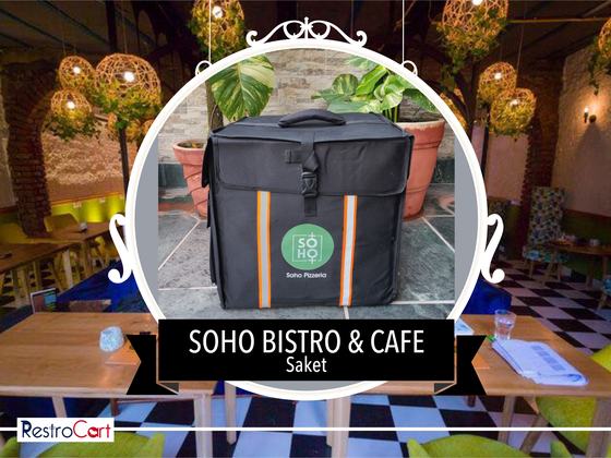 Black insulated delivery bag with reflective orange stripes and green round logo, custom made for Soho Bistro by RestroCart, New Delhi