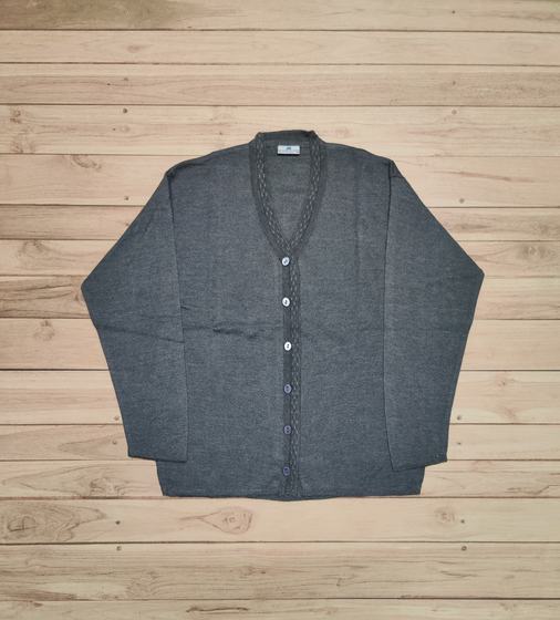 Charcoal grey V-neck knitted cardigan with button front and textured trim, laid flat on wood, custom made by RestroCart, New Delhi