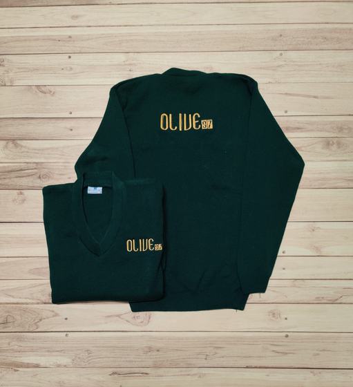 Dark green sweatshirt with gold embroidered name across chest and matching V-neck sweater, custom made by RestroCart, New Delhi