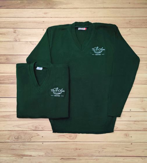 Bottle green V-neck sweaters with white embroidered bistro logo, one folded and one laid flat, custom made by RestroCart, New Delhi