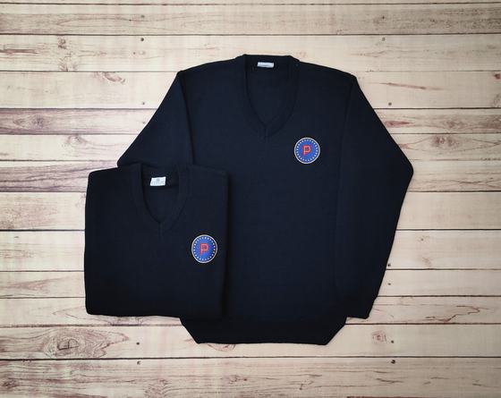 Navy V-neck sweaters with round blue and red embroidered badge logo, one folded and one laid flat, custom made by RestroCart, New Delhi