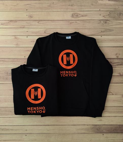 Black crew-neck sweatshirts with large orange round printed logo on back and front, custom made by RestroCart, New Delhi