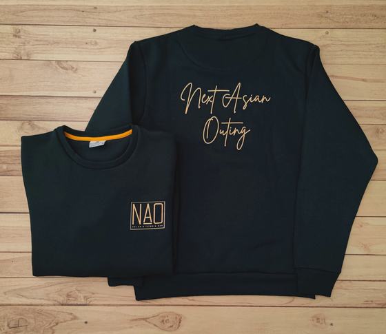 Black sweatshirt with gold script back print and folded one with orange collar tipping and logo, custom made by RestroCart, New Delhi