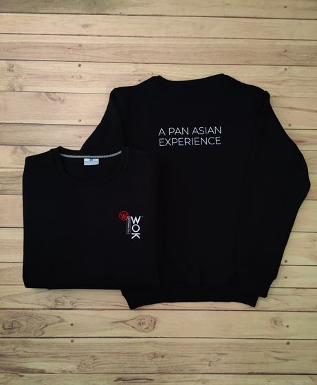 Black sweatshirts with white printed tagline on the back and red and white vertical chest logo, custom made by RestroCart, New Delhi
