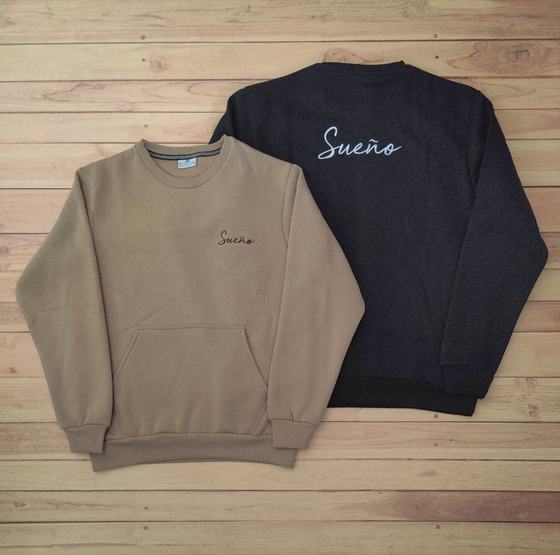 Beige kangaroo pocket sweatshirt with small script logo beside a charcoal one with large back logo, custom made by RestroCart, New Delhi