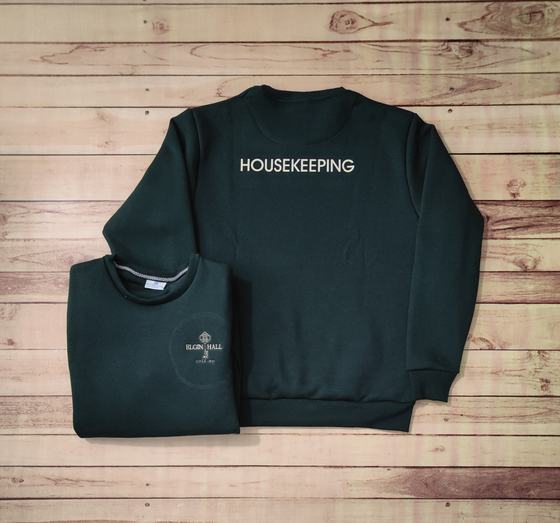 Bottle green fleece sweatshirts with white embroidered housekeeping text on the back and chest logo, custom made by RestroCart, New Delhi
