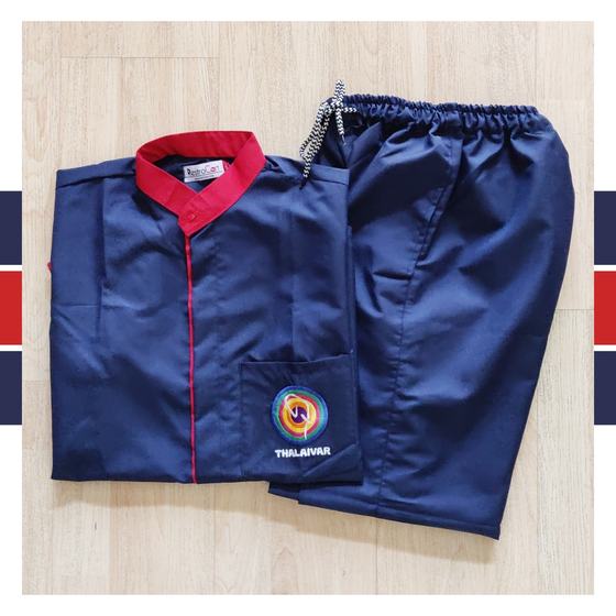 Navy housekeeping tunic with red collar and piping, round logo patch, with navy trousers, custom made for Thalaivar by RestroCart, New Delhi