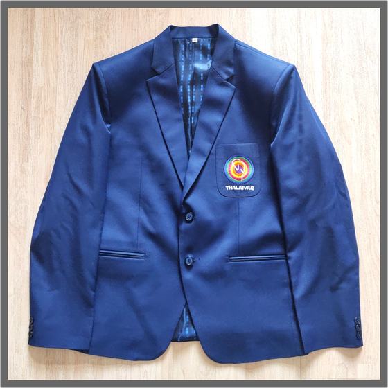 Navy two button blazer with patterned lining and round logo patch on chest pocket, custom made for Thalaivar by RestroCart, New Delhi