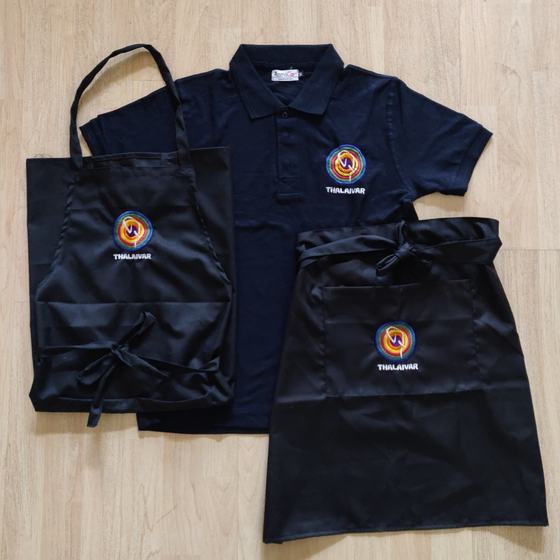 Black polo T-shirt with black bib apron and waist apron, all with round logo patch, laid flat, custom made for Thalaivar by RestroCart, New Delhi