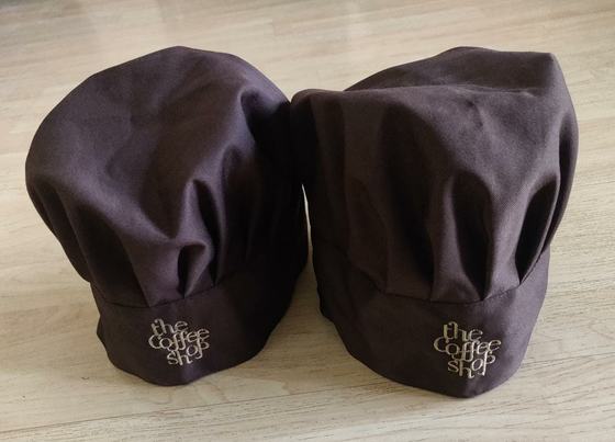 Coffee brown mushroom chef caps with beige embroidered logo on the band, pair, custom made for The Coffee Shop by RestroCart, New Delhi
