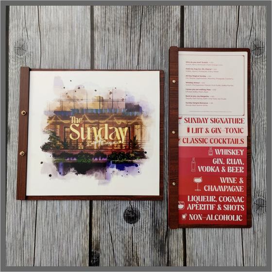 Wooden framed menu board with watercolour cover art and red printed drinks menu, custom made for The Sunday House by RestroCart, New Delhi